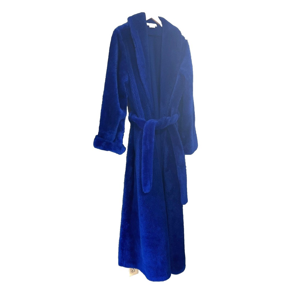 Vintage Vandemere Faux Fur Coat Sz L Royal Blue Trench Mob Wife Off Duty Robe